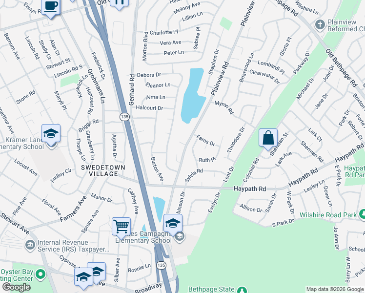 map of restaurants, bars, coffee shops, grocery stores, and more near 13 Jacob Road in Plainview