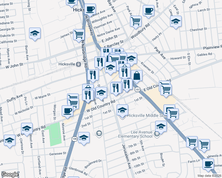 map of restaurants, bars, coffee shops, grocery stores, and more near 101 Jerusalem Avenue in Hicksville