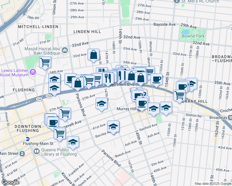 map of restaurants, bars, coffee shops, grocery stores, and more near 147-27 38th Avenue in Queens