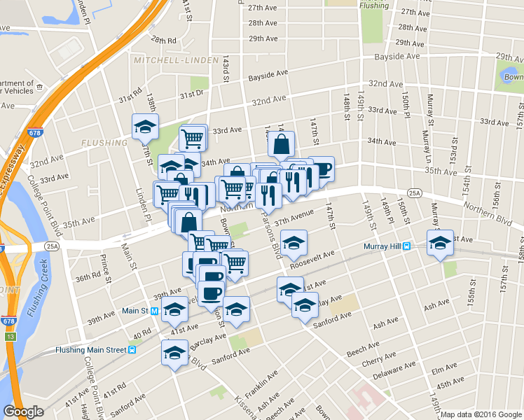 map of restaurants, bars, coffee shops, grocery stores, and more near 141-40 Northern Boulevard in Queens
