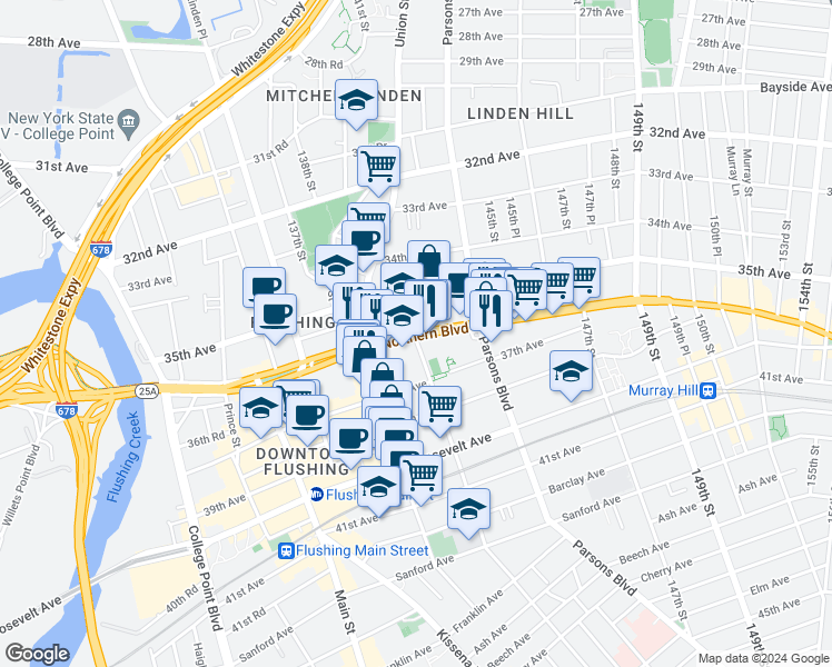 map of restaurants, bars, coffee shops, grocery stores, and more near 3611 Bowne Street in Queens