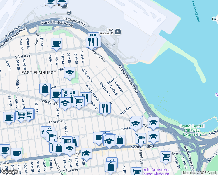 map of restaurants, bars, coffee shops, grocery stores, and more near 27-16 Ericsson Street in Queens