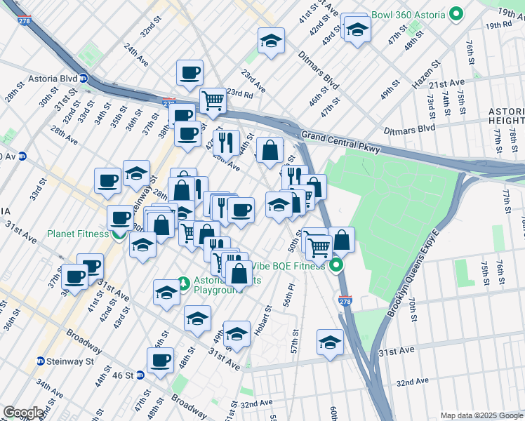map of restaurants, bars, coffee shops, grocery stores, and more near 25-48 48th Street in Queens