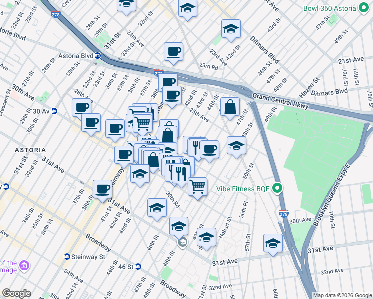 map of restaurants, bars, coffee shops, grocery stores, and more near in Queens