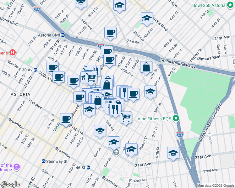 map of restaurants, bars, coffee shops, grocery stores, and more near in Queens