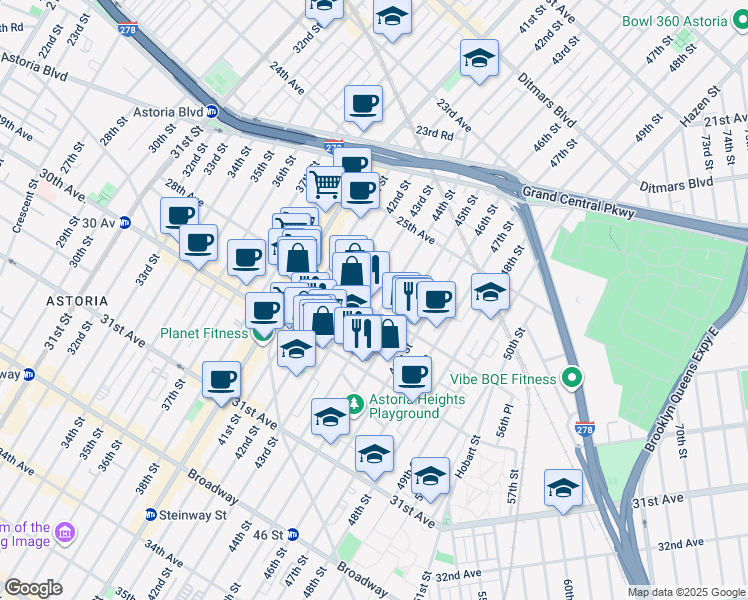 map of restaurants, bars, coffee shops, grocery stores, and more near in Queens