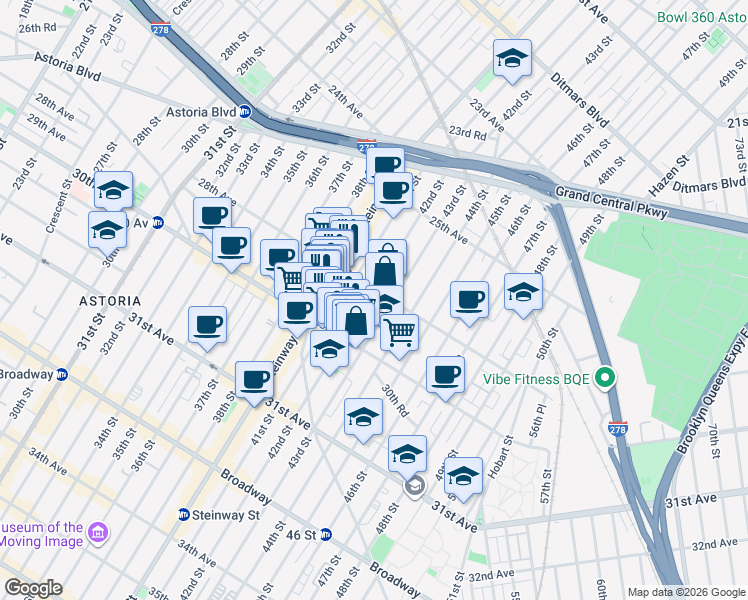 map of restaurants, bars, coffee shops, grocery stores, and more near 28-23 42nd Street in Queens