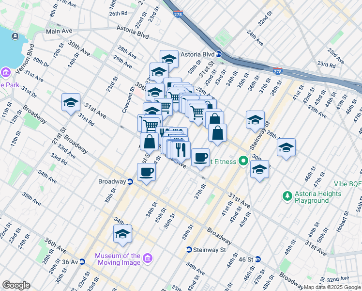 map of restaurants, bars, coffee shops, grocery stores, and more near 30-90 33rd Street in Queens