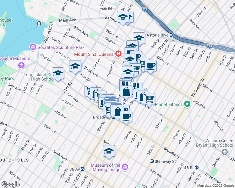 map of restaurants, bars, coffee shops, grocery stores, and more near 31-19 30th Street in Queens