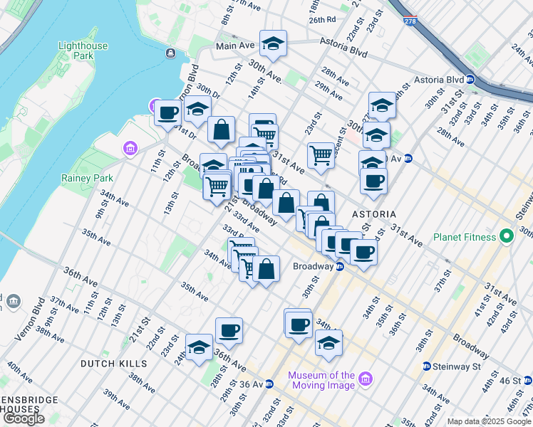 map of restaurants, bars, coffee shops, grocery stores, and more near 3211 23rd Street in Queens