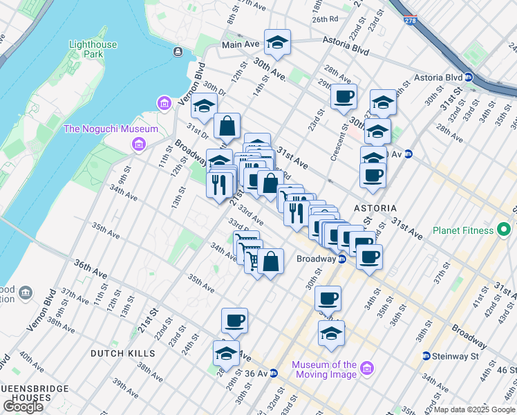 map of restaurants, bars, coffee shops, grocery stores, and more near 3211 23rd Street in Queens