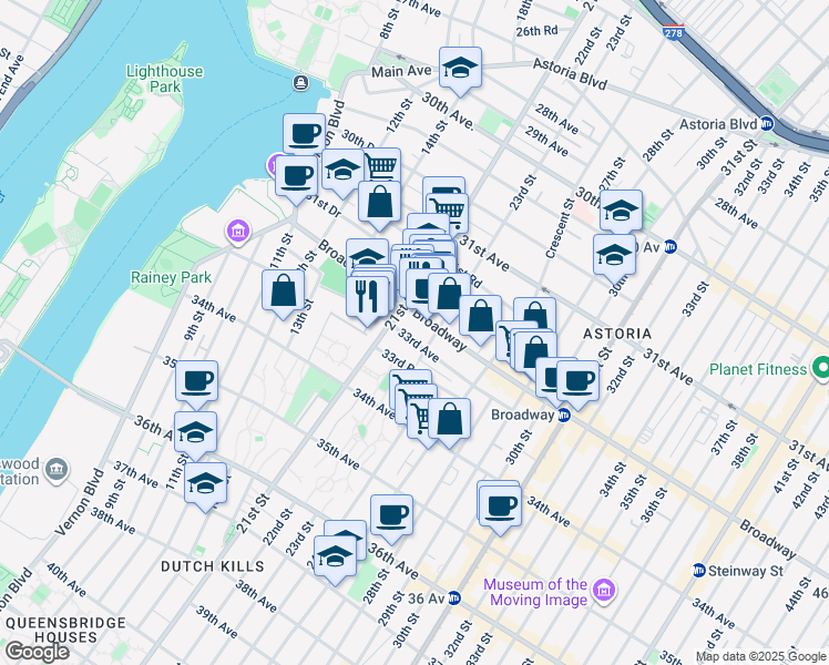 map of restaurants, bars, coffee shops, grocery stores, and more near 21-17 33rd Road in Queens