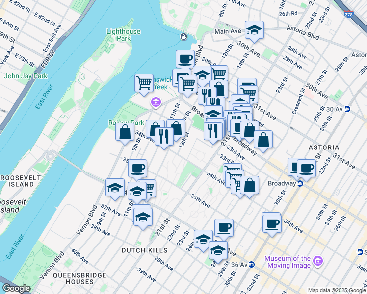 map of restaurants, bars, coffee shops, grocery stores, and more near 33-55 14th Street in Queens