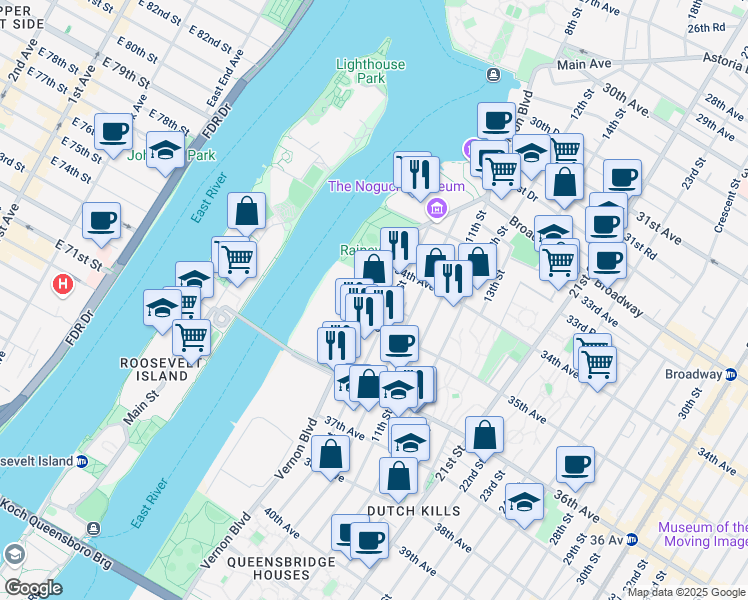 map of restaurants, bars, coffee shops, grocery stores, and more near 34-55 Vernon Boulevard in Queens