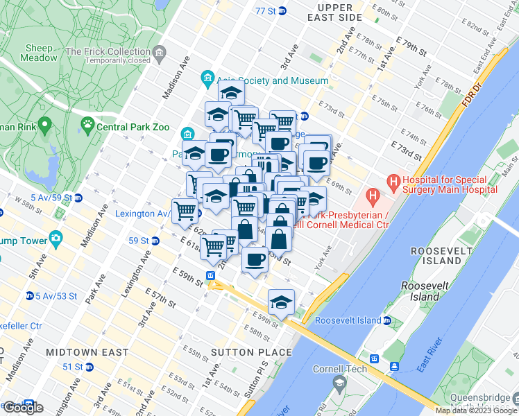 map of restaurants, bars, coffee shops, grocery stores, and more near 327 East 65th Street in New York