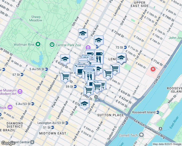 map of restaurants, bars, coffee shops, grocery stores, and more near in New York