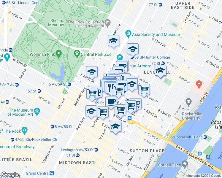 map of restaurants, bars, coffee shops, grocery stores, and more near in New York