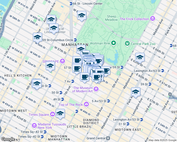 map of restaurants, bars, coffee shops, grocery stores, and more near 117 West 56th Street in New York