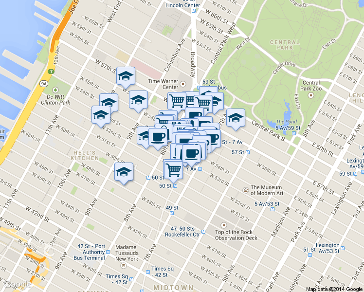 map of restaurants, bars, coffee shops, grocery stores, and more near 234 West 54th Street in New York
