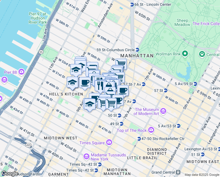 map of restaurants, bars, coffee shops, grocery stores, and more near 329 West 51st Street in New York