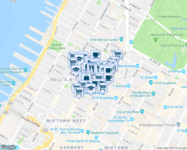 map of restaurants, bars, coffee shops, grocery stores, and more near 360 West 52nd Street in New York