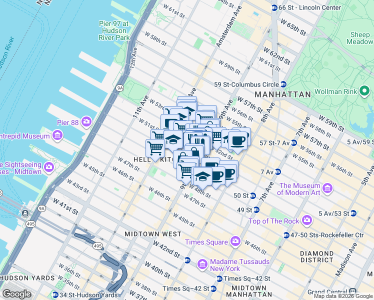 map of restaurants, bars, coffee shops, grocery stores, and more near in New York