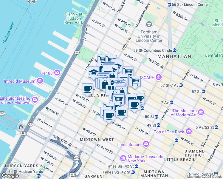 map of restaurants, bars, coffee shops, grocery stores, and more near 439 West 49th Street in New York