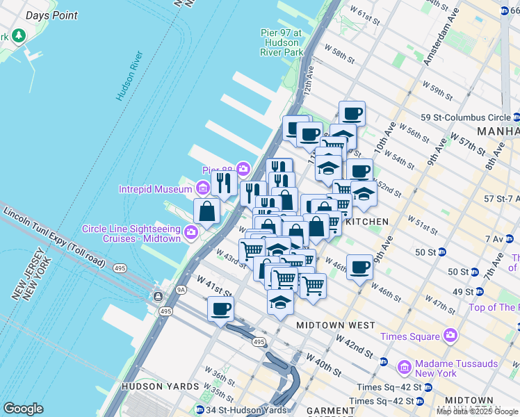 map of restaurants, bars, coffee shops, grocery stores, and more near 638 West 46th Street in New York