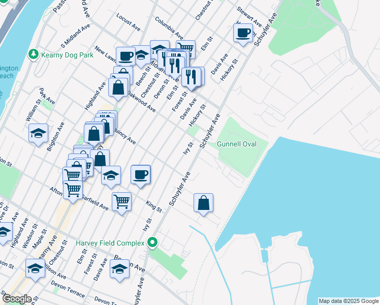 map of restaurants, bars, coffee shops, grocery stores, and more near 463 Schuyler Avenue in Kearny
