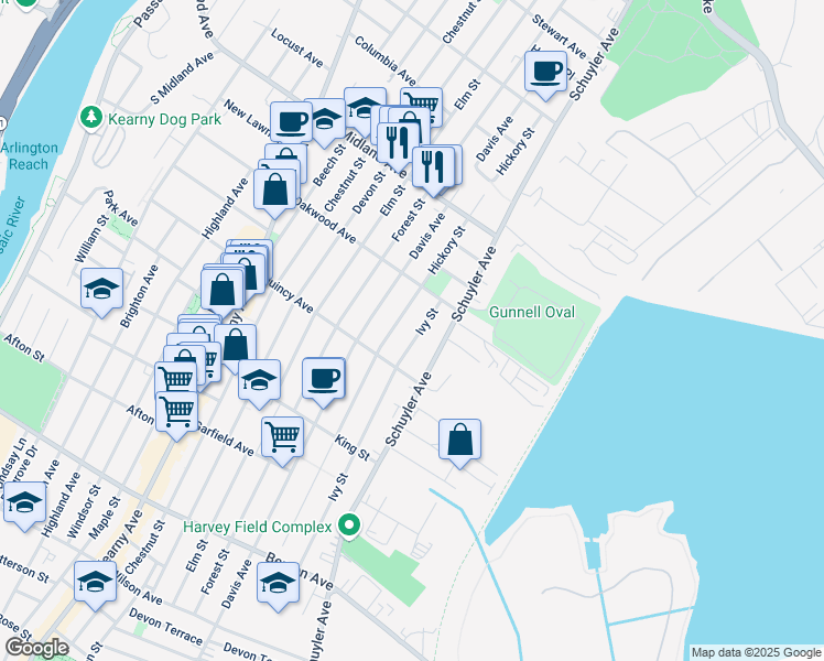 map of restaurants, bars, coffee shops, grocery stores, and more near 312 Hickory Street in Kearny
