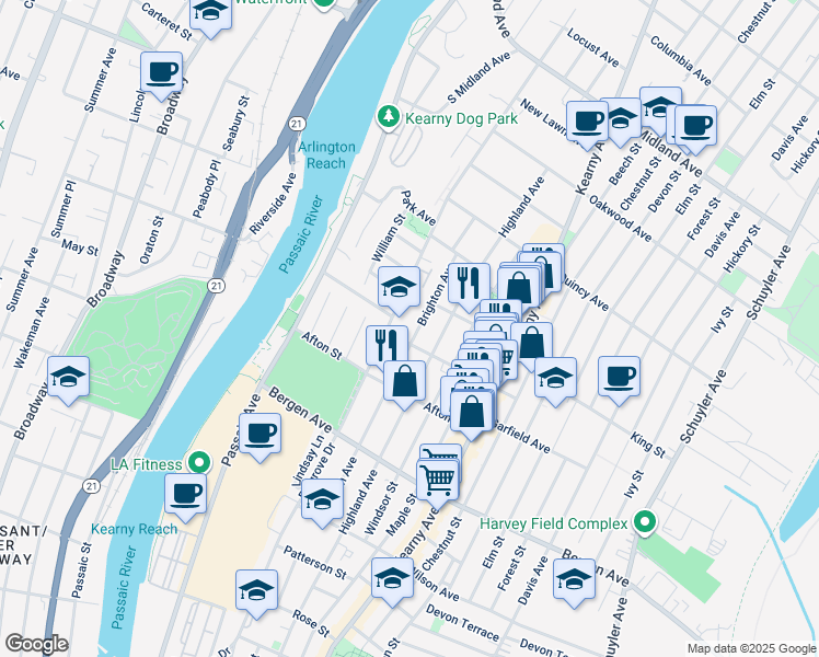 map of restaurants, bars, coffee shops, grocery stores, and more near 25 Halstead Street in Kearny