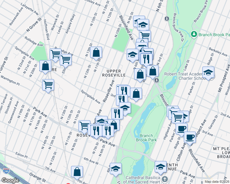 map of restaurants, bars, coffee shops, grocery stores, and more near 373 3rd Avenue West in Newark