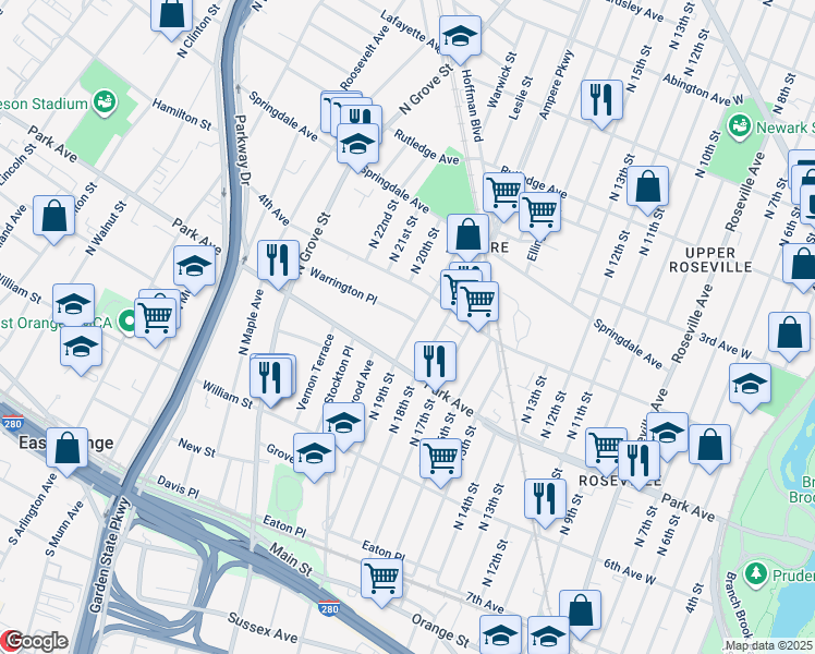 map of restaurants, bars, coffee shops, grocery stores, and more near 174 North 19th Street in East Orange