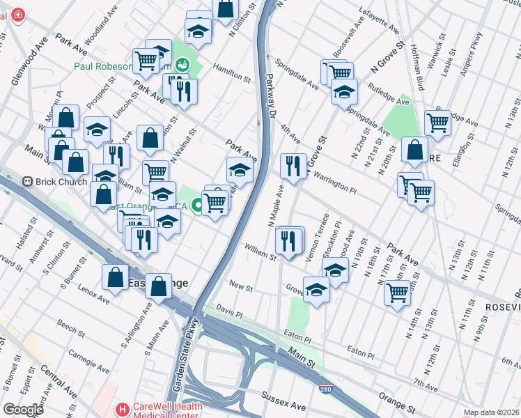 map of restaurants, bars, coffee shops, grocery stores, and more near 196 North Oraton Parkway in East Orange