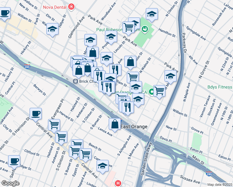 map of restaurants, bars, coffee shops, grocery stores, and more near 430 Main Street in East Orange