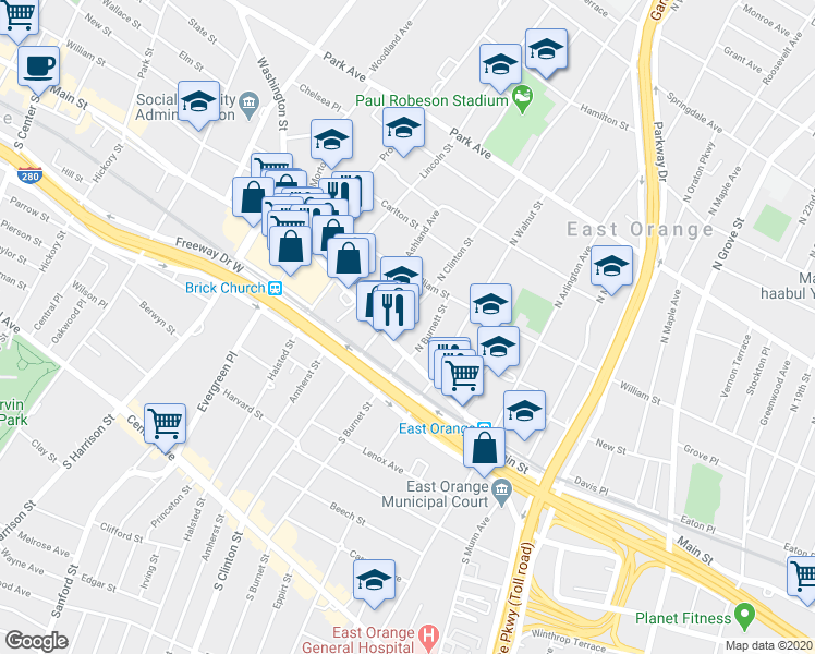 map of restaurants, bars, coffee shops, grocery stores, and more near 430 Main Street in East Orange