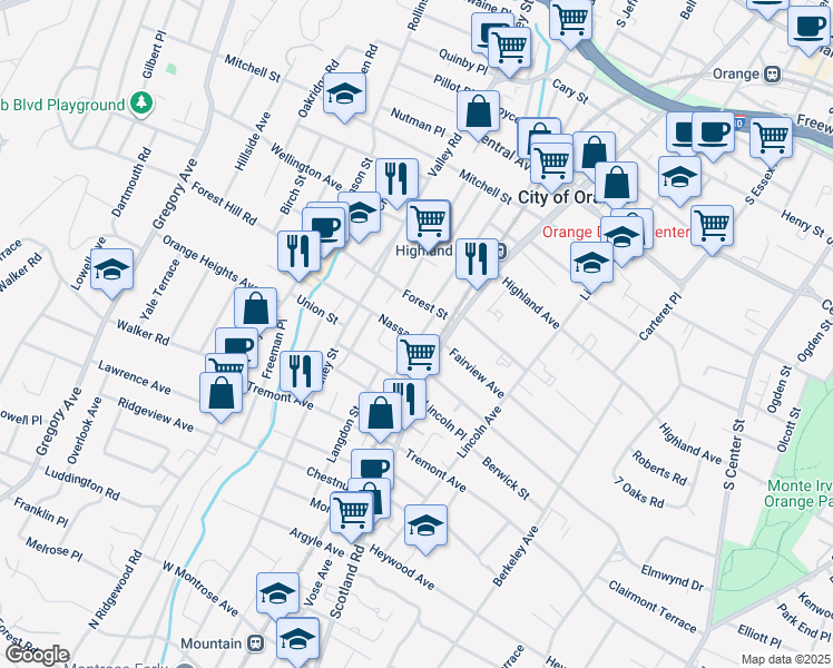 map of restaurants, bars, coffee shops, grocery stores, and more near 554 Nassau Street in City of Orange