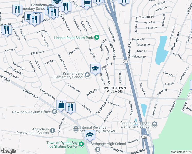 map of restaurants, bars, coffee shops, grocery stores, and more near 1 Kramer Lane in Plainview