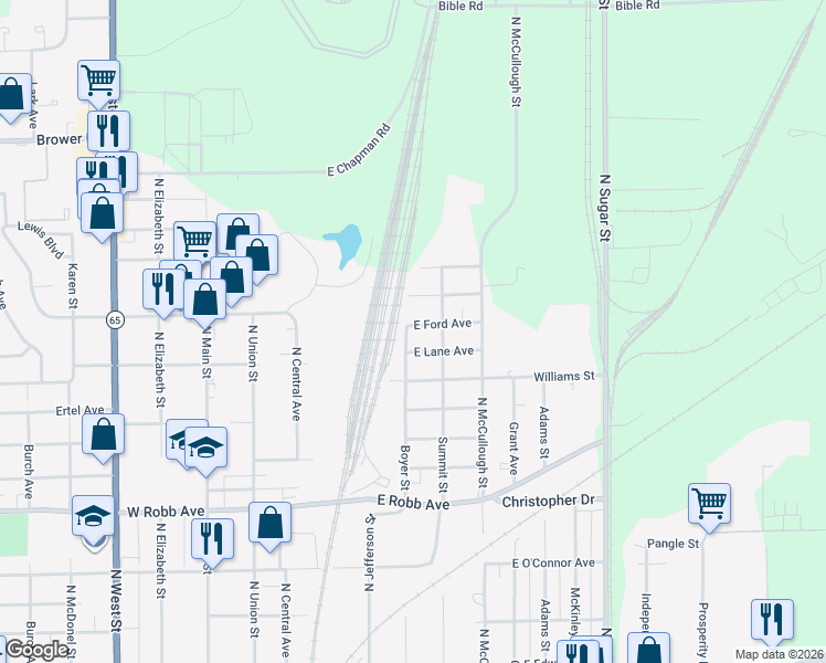 map of restaurants, bars, coffee shops, grocery stores, and more near 606 East Ford Avenue in Lima