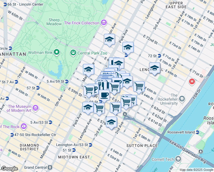 map of restaurants, bars, coffee shops, grocery stores, and more near 808 Lexington Avenue in New York