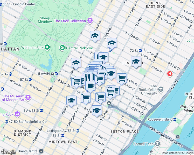 map of restaurants, bars, coffee shops, grocery stores, and more near 140 East 63rd Street in New York
