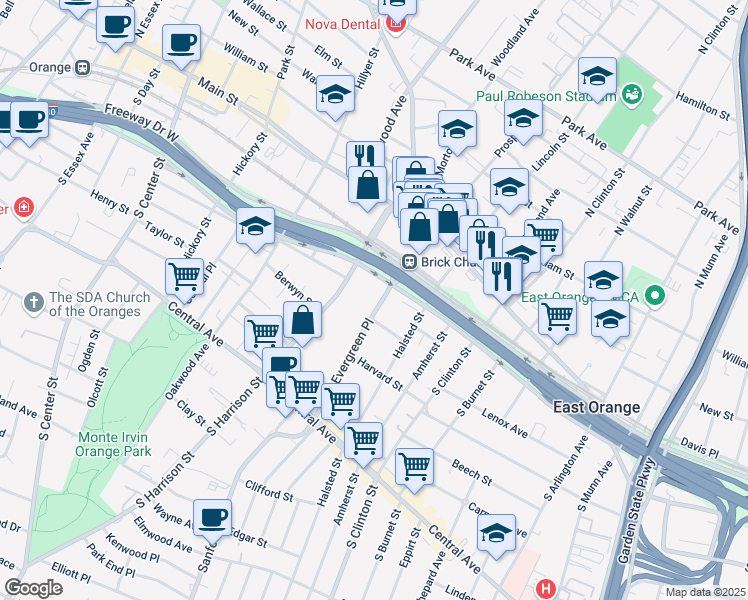 map of restaurants, bars, coffee shops, grocery stores, and more near 50 Evergreen Place in East Orange