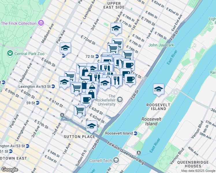 map of restaurants, bars, coffee shops, grocery stores, and more near 425 East 67th Street in New York