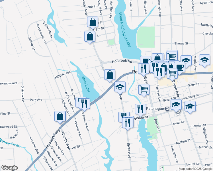 map of restaurants, bars, coffee shops, grocery stores, and more near 311 West Main Street in Patchogue