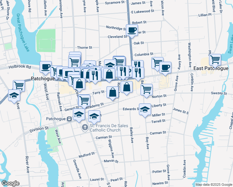 map of restaurants, bars, coffee shops, grocery stores, and more near 38 Rider Avenue in Patchogue