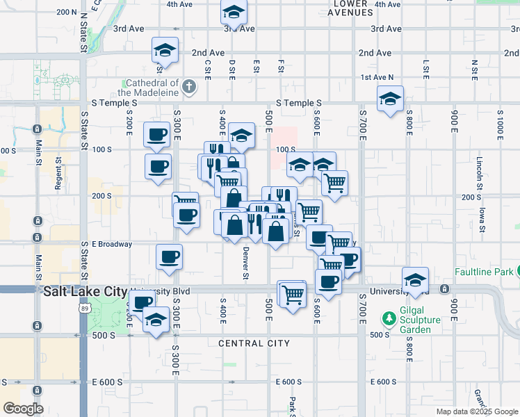 map of restaurants, bars, coffee shops, grocery stores, and more near 250 500 East in Salt Lake City