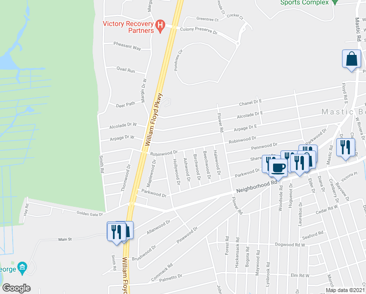map of restaurants, bars, coffee shops, grocery stores, and more near 143 Robinwood Drive in Shirley