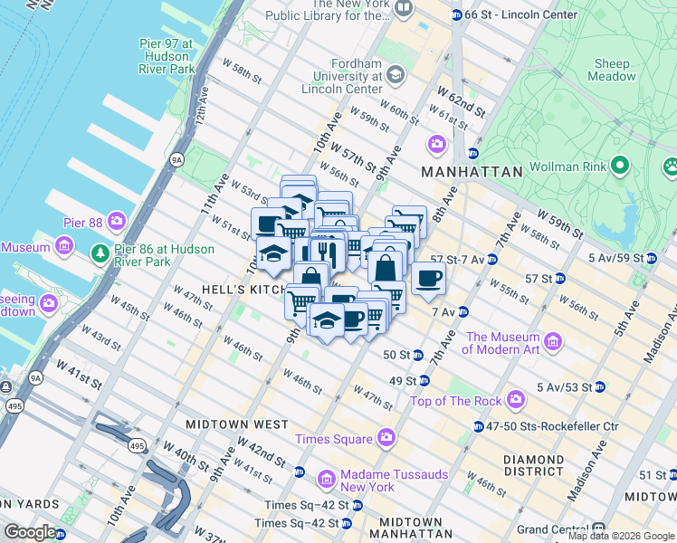 map of restaurants, bars, coffee shops, grocery stores, and more near 360 West 52nd Street in New York