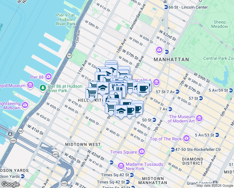 map of restaurants, bars, coffee shops, grocery stores, and more near 407 West 51st Street in New York