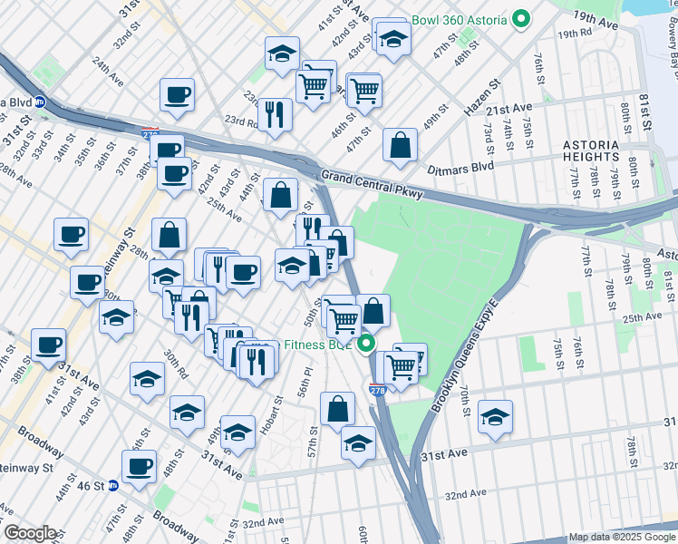 map of restaurants, bars, coffee shops, grocery stores, and more near 25-15 50th Street in Queens